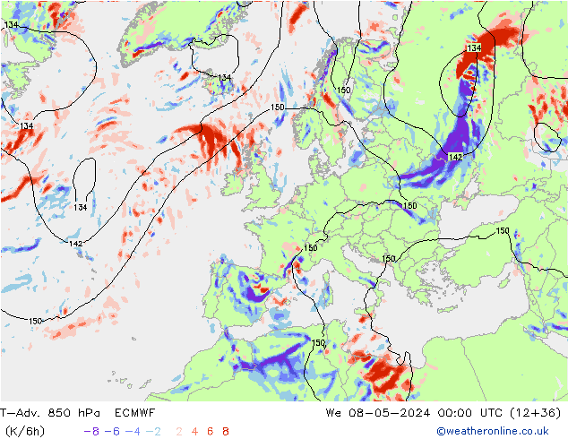 T-Adv. 850 hPa ECMWF mié 08.05.2024 00 UTC