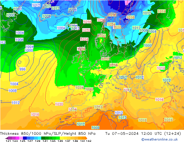 Schichtdicke 850-1000 hPa ECMWF Di 07.05.2024 12 UTC