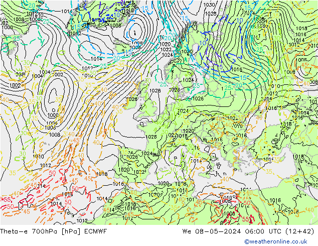 Theta-e 700hPa ECMWF Mi 08.05.2024 06 UTC