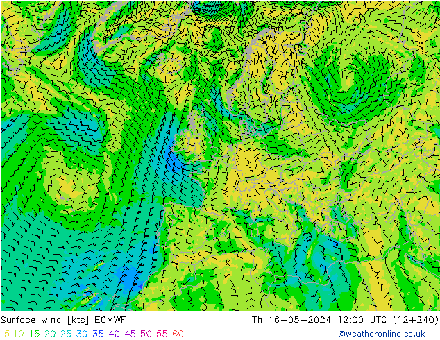 Vento 10 m ECMWF gio 16.05.2024 12 UTC