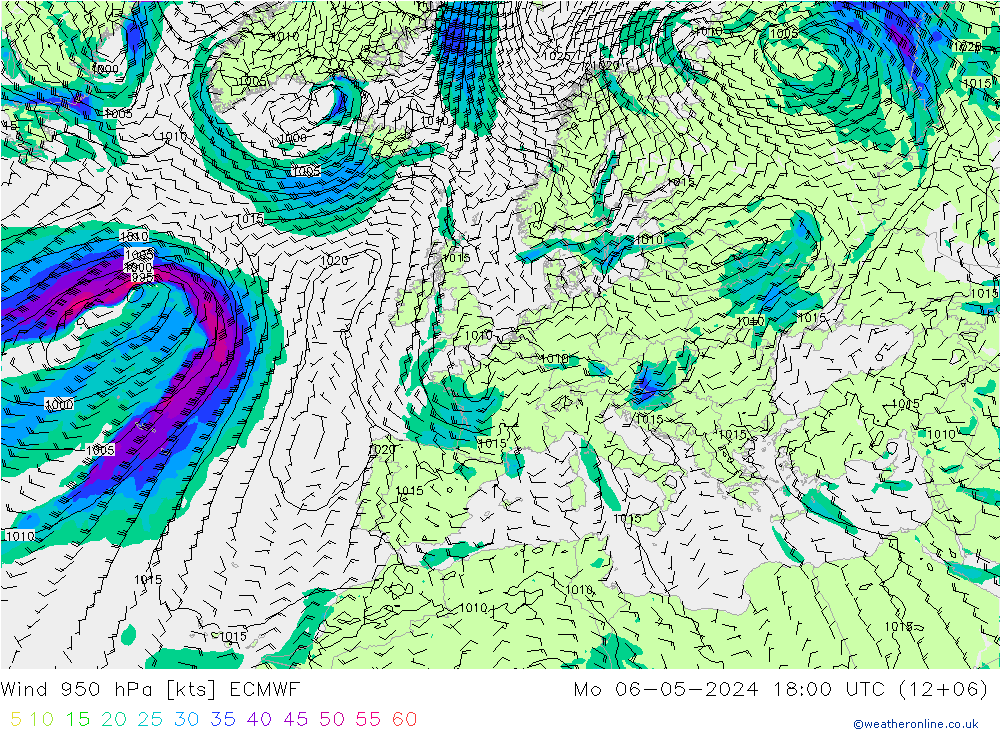 Prec 6h/Wind 10m/950 ECMWF pon. 06.05.2024 18 UTC