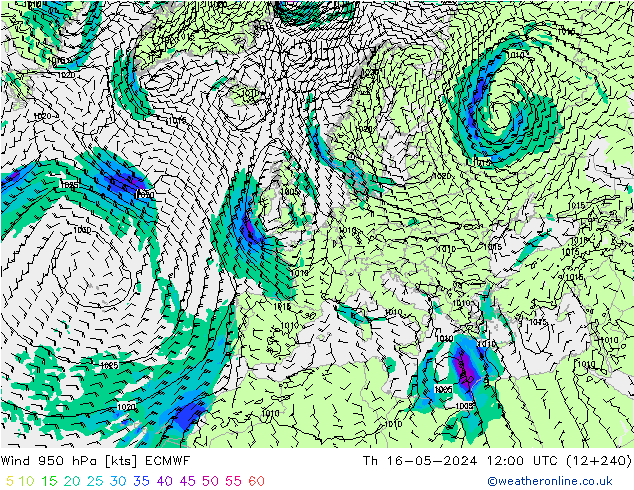 Vento 950 hPa ECMWF gio 16.05.2024 12 UTC