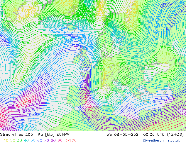 Linia prądu 200 hPa ECMWF śro. 08.05.2024 00 UTC