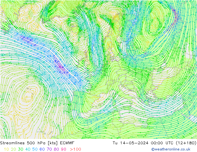 Streamlines 500 hPa ECMWF Tu 14.05.2024 00 UTC