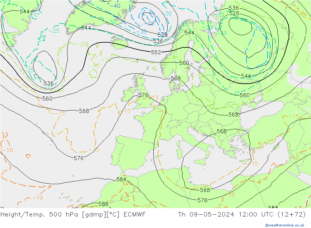 Z500/Rain (+SLP)/Z850 ECMWF czw. 09.05.2024 12 UTC