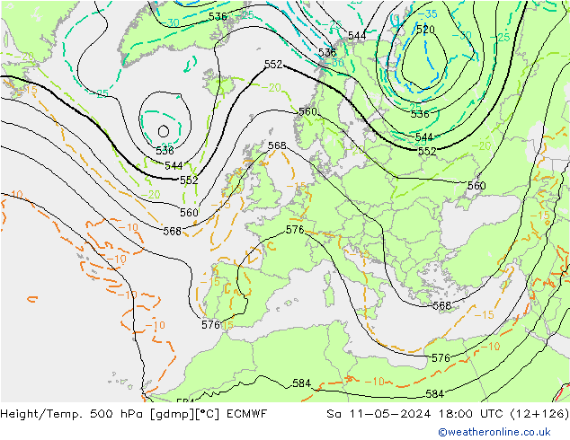 Z500/Rain (+SLP)/Z850 ECMWF Sa 11.05.2024 18 UTC