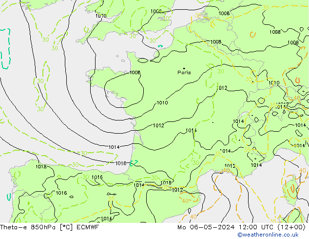 Theta-e 850hPa ECMWF pon. 06.05.2024 12 UTC