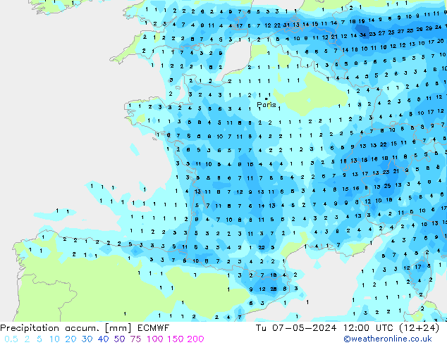 Precipitation accum. ECMWF Tu 07.05.2024 12 UTC