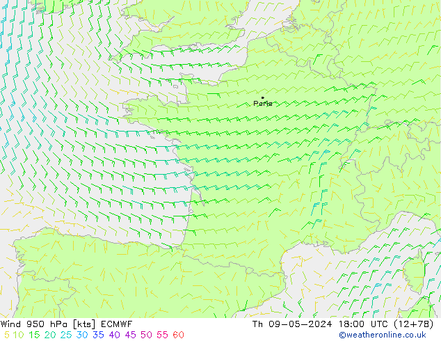 Wind 950 hPa ECMWF Th 09.05.2024 18 UTC