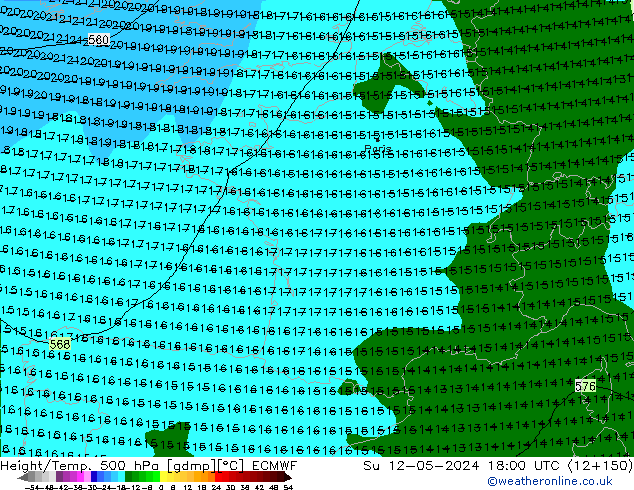 Height/Temp. 500 hPa ECMWF Dom 12.05.2024 18 UTC