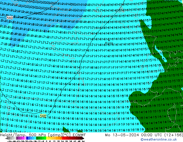 Z500/Rain (+SLP)/Z850 ECMWF pon. 13.05.2024 00 UTC