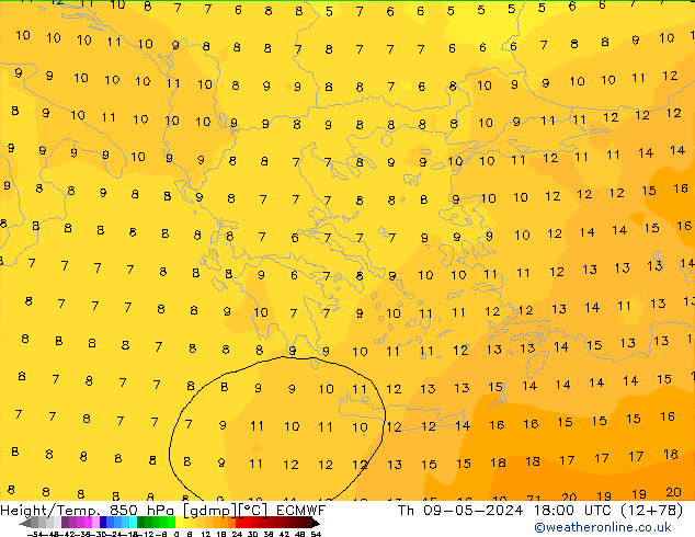 Yükseklik/Sıc. 850 hPa ECMWF Per 09.05.2024 18 UTC