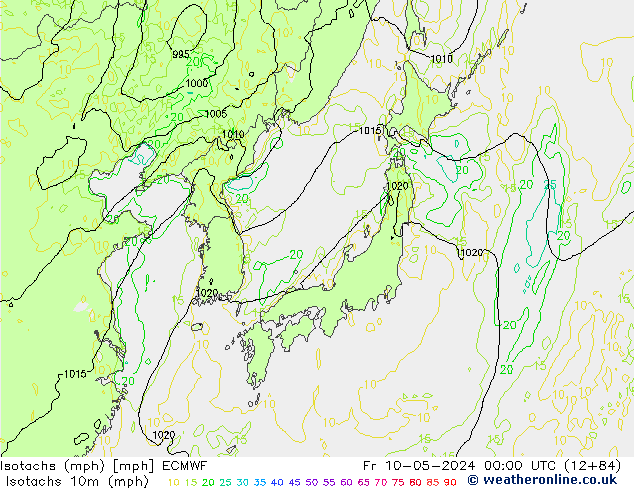 Isotachen (mph) ECMWF Fr 10.05.2024 00 UTC