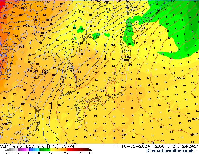 SLP/Temp. 850 hPa ECMWF czw. 16.05.2024 12 UTC