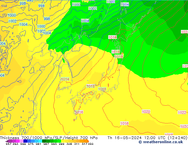 Thck 700-1000 hPa ECMWF czw. 16.05.2024 12 UTC