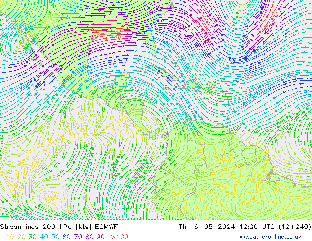 Streamlines 200 hPa ECMWF Čt 16.05.2024 12 UTC