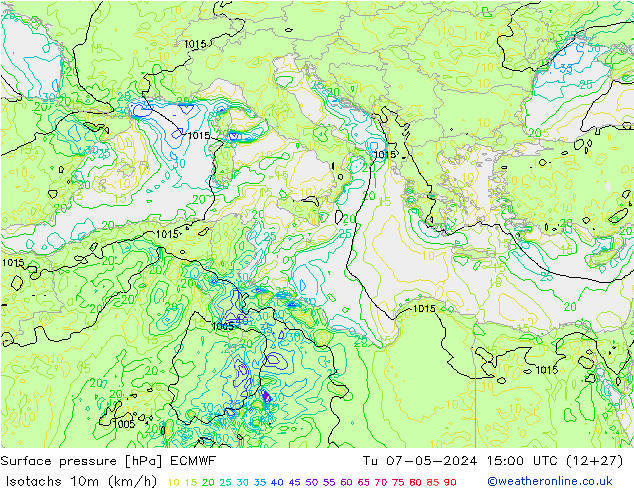 Isotachs (kph) ECMWF Tu 07.05.2024 15 UTC