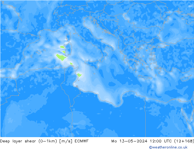 Deep layer shear (0-1km) ECMWF pon. 13.05.2024 12 UTC