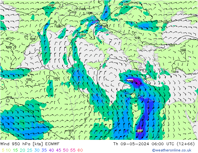 wiatr 950 hPa ECMWF czw. 09.05.2024 06 UTC