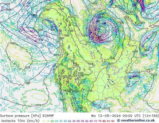 Isotachen (km/h) ECMWF ma 13.05.2024 00 UTC