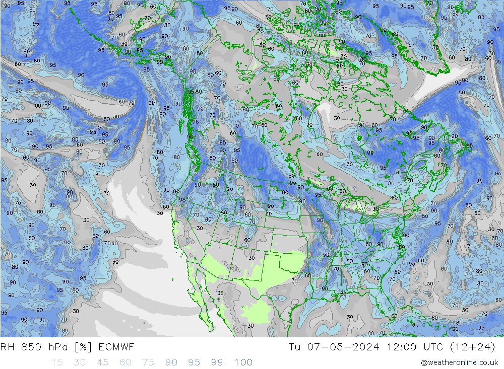 RH 850 hPa ECMWF Út 07.05.2024 12 UTC