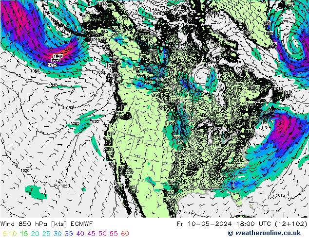 Vento 850 hPa ECMWF ven 10.05.2024 18 UTC