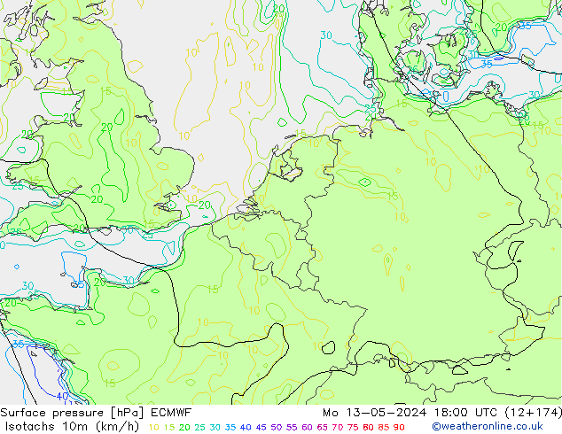 Isotachen (km/h) ECMWF Mo 13.05.2024 18 UTC