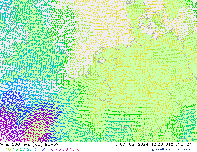 Wind 500 hPa ECMWF Tu 07.05.2024 12 UTC