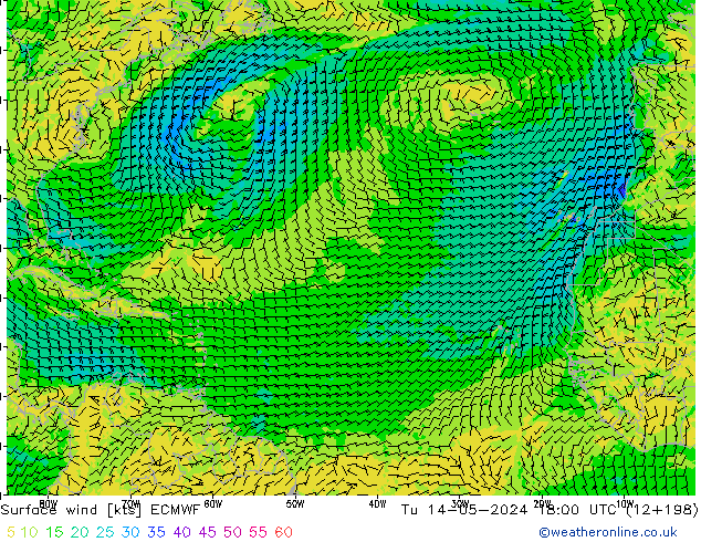 Surface wind ECMWF Út 14.05.2024 18 UTC