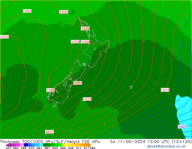 Schichtdicke 700-1000 hPa ECMWF Sa 11.05.2024 12 UTC