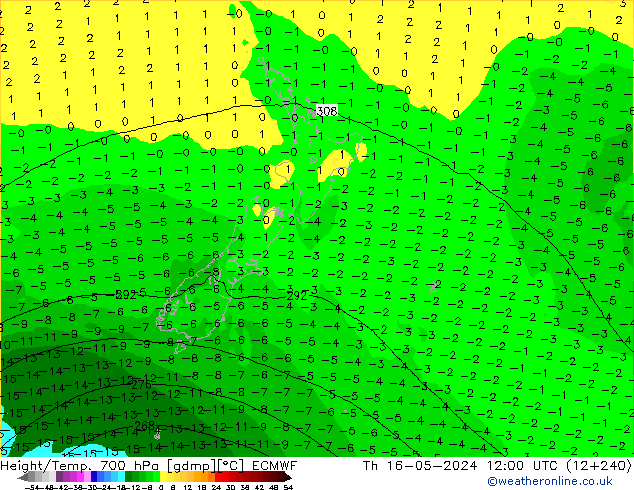 Height/Temp. 700 hPa ECMWF gio 16.05.2024 12 UTC