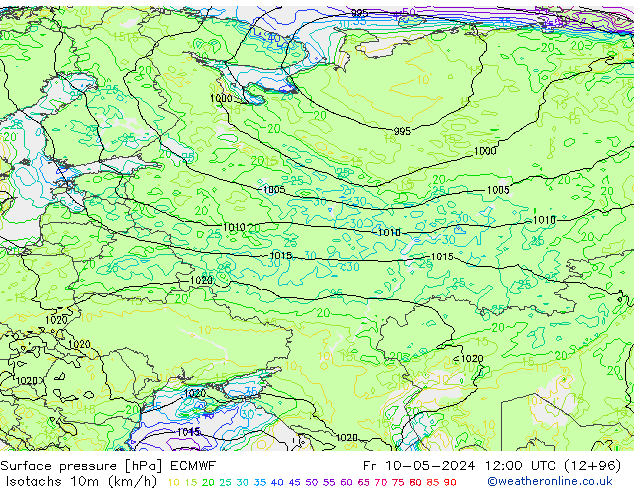 Isotachs (kph) ECMWF Fr 10.05.2024 12 UTC