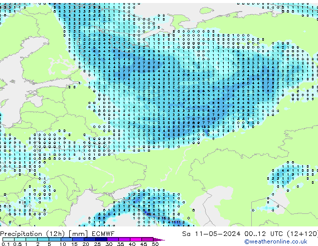 Precipitation (12h) ECMWF Sa 11.05.2024 12 UTC