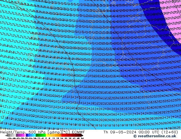 Z500/Rain (+SLP)/Z850 ECMWF Čt 09.05.2024 00 UTC