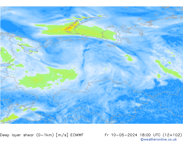 Deep layer shear (0-1km) ECMWF vie 10.05.2024 18 UTC