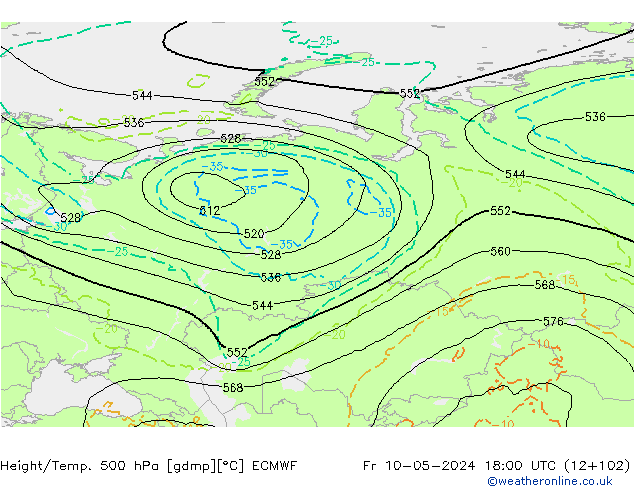 Z500/Rain (+SLP)/Z850 ECMWF Fr 10.05.2024 18 UTC