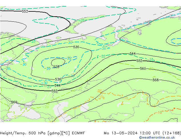 Height/Temp. 500 hPa ECMWF Mo 13.05.2024 12 UTC