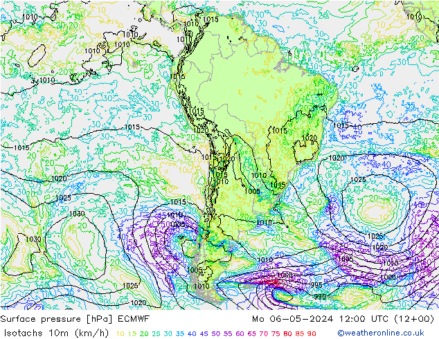 Isotachs (kph) ECMWF  06.05.2024 12 UTC