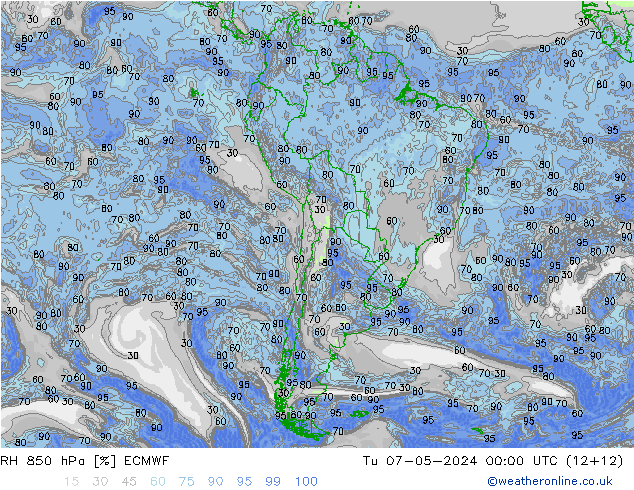 RH 850 hPa ECMWF Út 07.05.2024 00 UTC