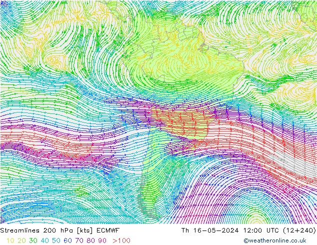 Streamlines 200 hPa ECMWF Čt 16.05.2024 12 UTC