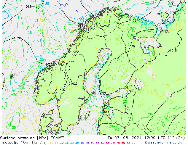 Isotachen (km/h) ECMWF Di 07.05.2024 12 UTC
