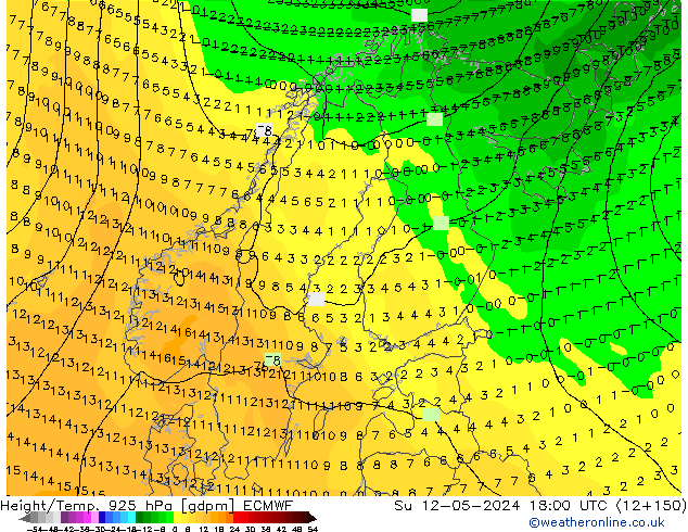 Height/Temp. 925 hPa ECMWF Ne 12.05.2024 18 UTC