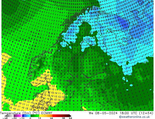 Temperature (2m) ECMWF St 08.05.2024 18 UTC