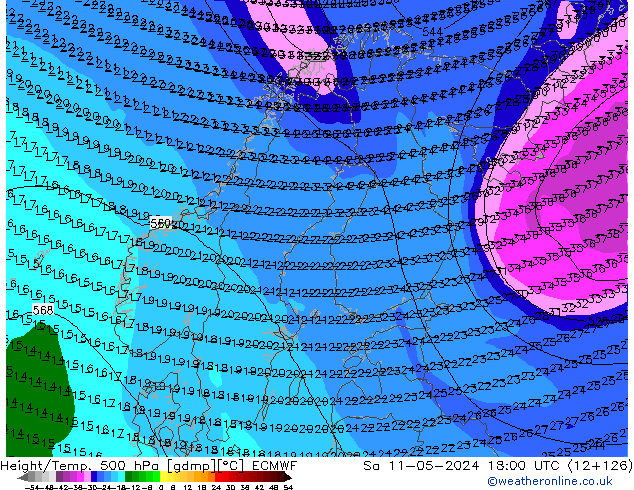 Z500/Rain (+SLP)/Z850 ECMWF сб 11.05.2024 18 UTC