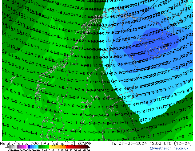 Hoogte/Temp. 700 hPa ECMWF di 07.05.2024 12 UTC