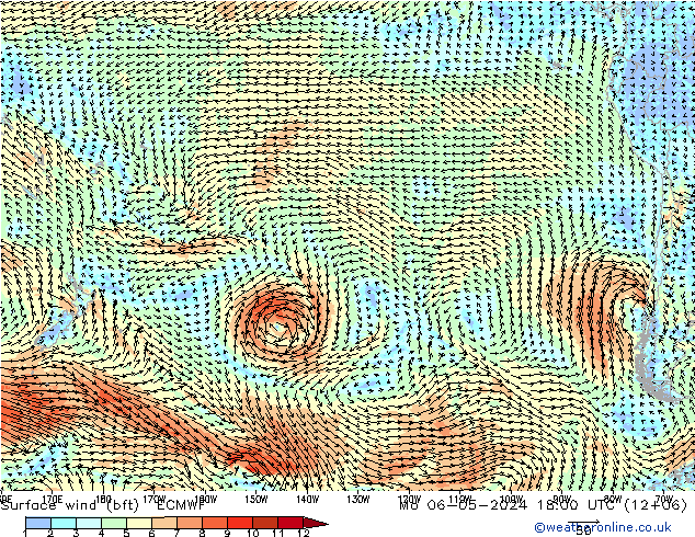 Surface wind (bft) ECMWF Po 06.05.2024 18 UTC