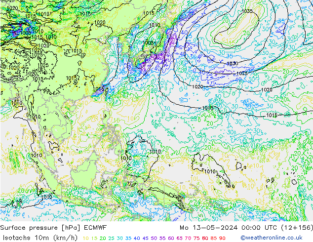 Isotachs (kph) ECMWF Mo 13.05.2024 00 UTC