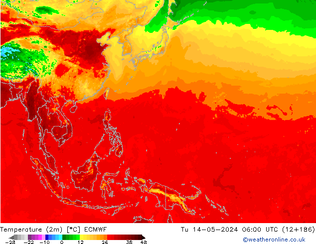 Temperatuurkaart (2m) ECMWF di 14.05.2024 06 UTC