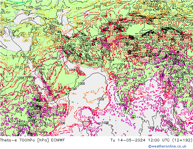Theta-e 700hPa ECMWF Ter 14.05.2024 12 UTC