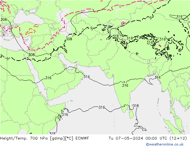 Height/Temp. 700 hPa ECMWF Út 07.05.2024 00 UTC